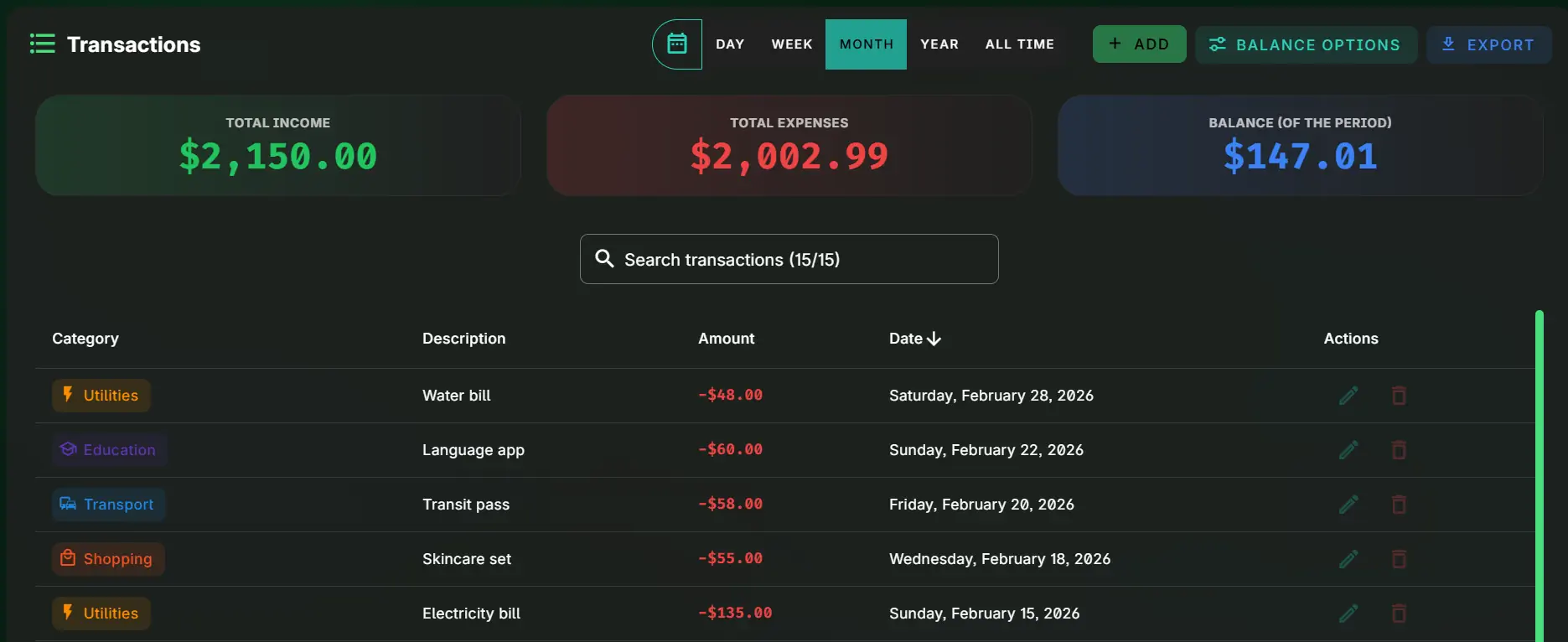 Transactions list